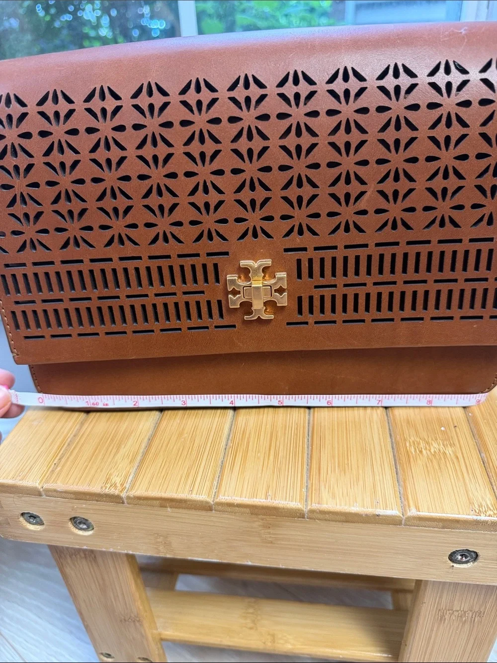 Tory Burch Perforated Leather Messenger in Cognac with Gold Logo